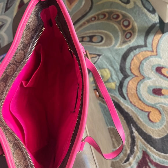 Coach Brown Signature Tote with Pink Trim and Tag - Picture 3 of 8